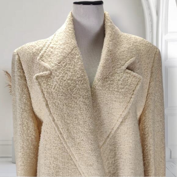 Vintage 80s Cream Wool Tweed Overcoat Double Breasted One Button Size 12 - Picture 5 of 16